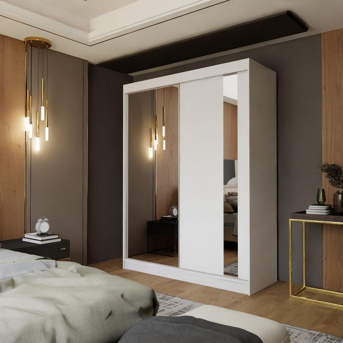 SCHWEBETÜRENSCHRANK GRAZIA 150/216/61 cm 2-türig mit Spiegel Weiß - Weiß, Holzwerkstoff (150/216/61cm) - MASSENO