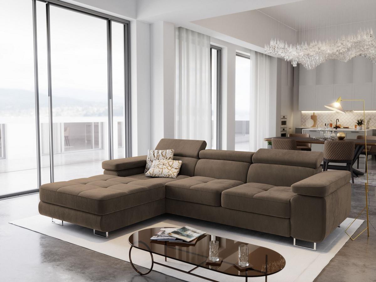 ECKSOFA ELMA L-S Beige Velours-Stoff mit Schlaffunktion - Beige/Silberfarben, Holz/Textil (280/205cm) - MASSENO