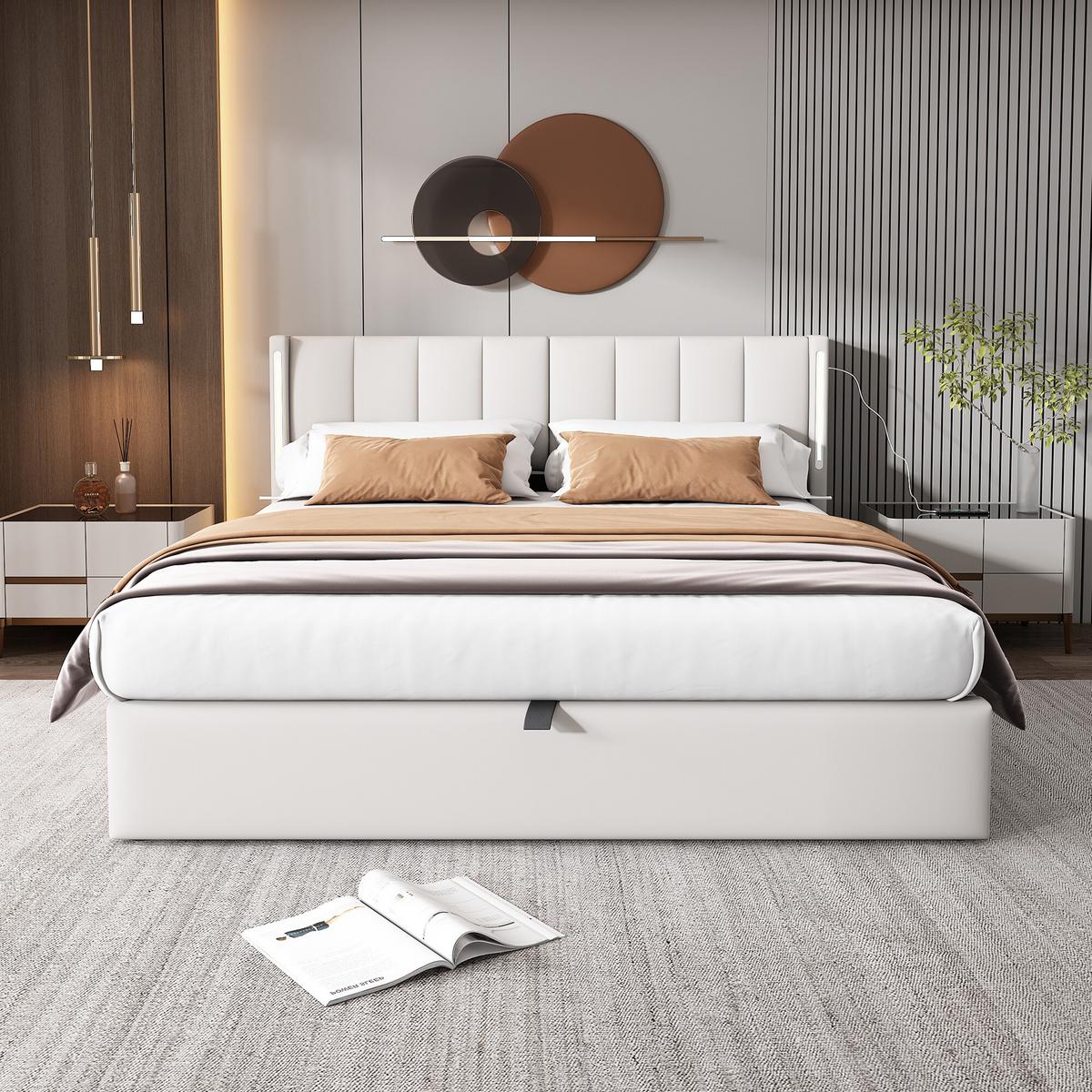 DOPPELBETT Weiß mit Stauraum und LED 207/140/103 cm - Weiß, Holzwerkstoff/Metall - Urban Meuble