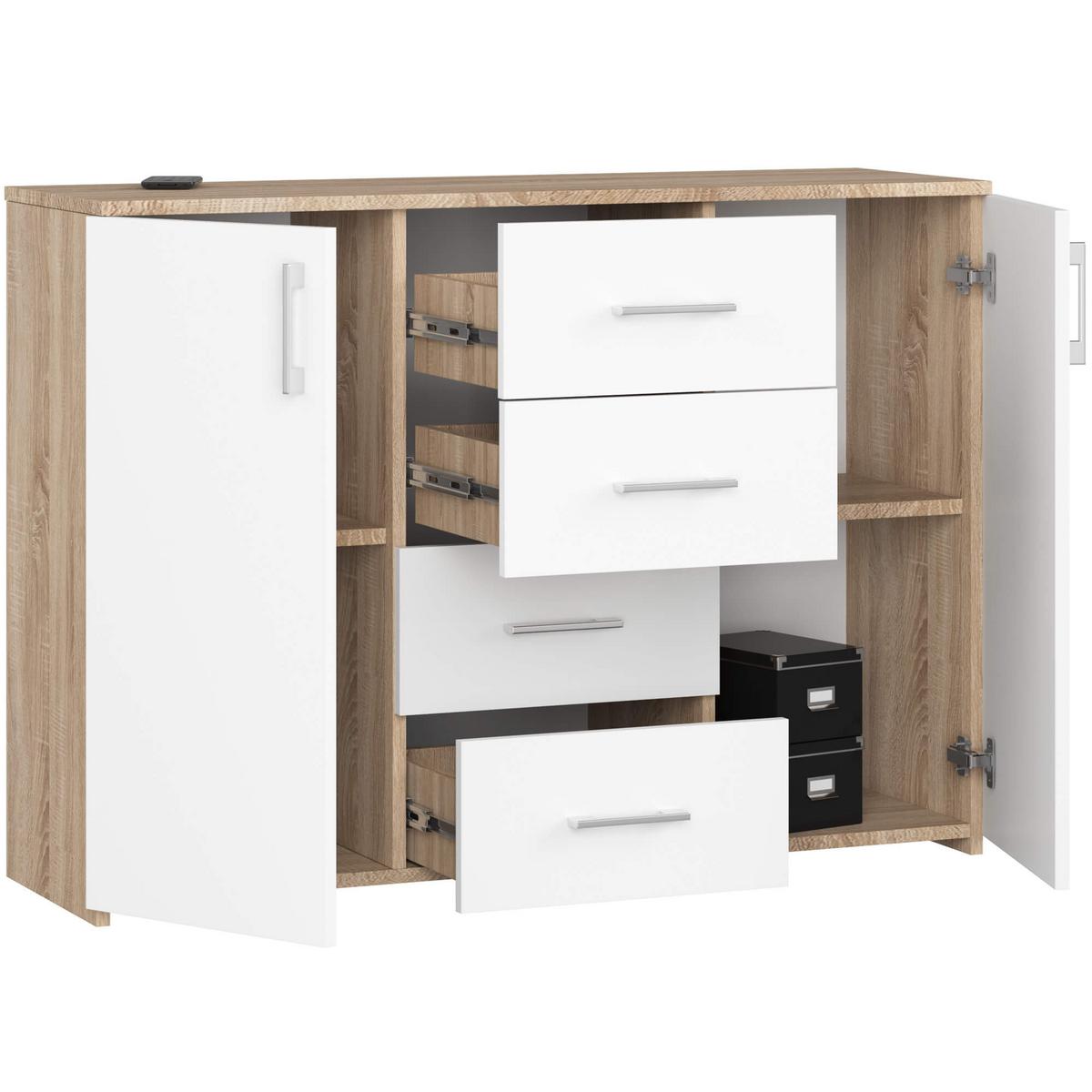 KOMMODE Eiche Sonoma, Weiß 80/110/35 - Weiß, Holzwerkstoff (110/80/35cm) - RAUMHIRSCH FURNITURE