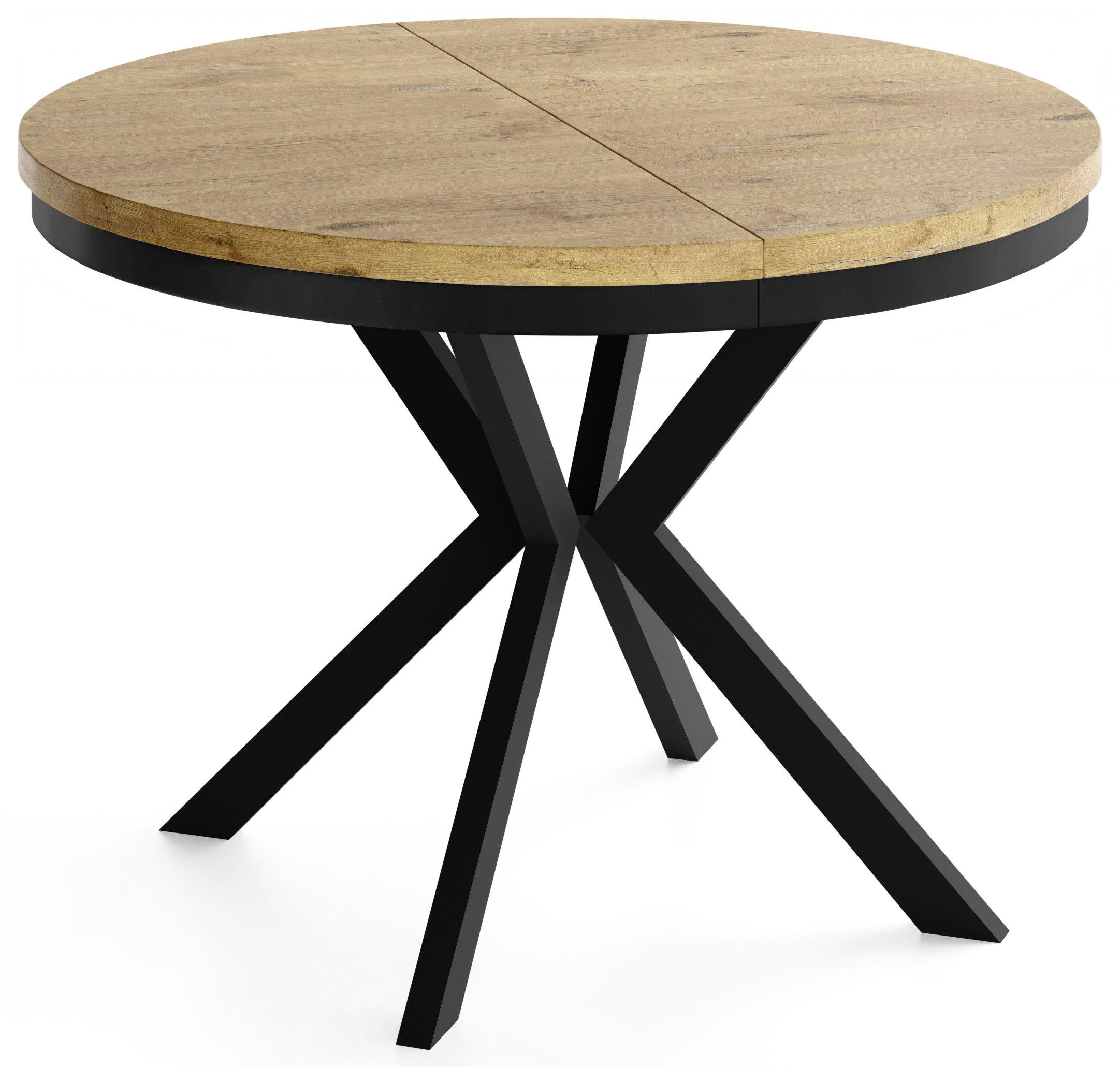 ESSTISCH Ross runder ausziehbarer, Lancelot Eiche 120-200/120/76 cm - Eichefarben/Schwarz, Holzwerkstoff/Metall (120/200/76cm) - WFL GROUP