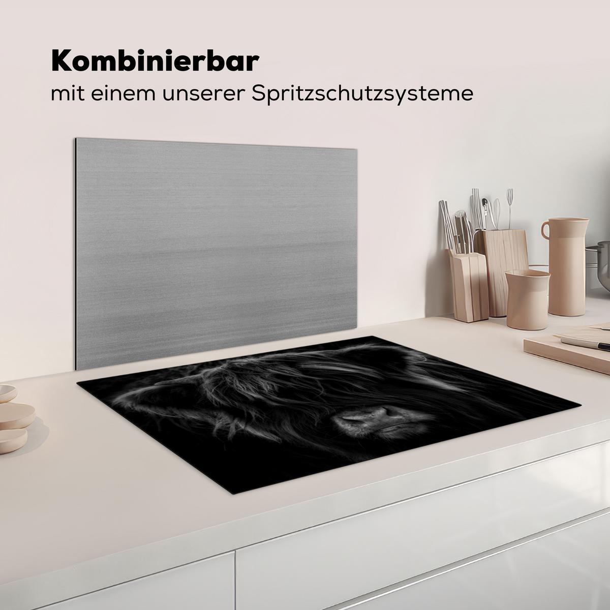 HERDABDECKPLATTE Schottischer Highlander - Kuh - Schwarz - Weiß - Tiere Herdabdeckung Induktionsfeld 75x52 cm - Schwarz, Kunststoff (75/52/0.2cm) - MuchoWow
