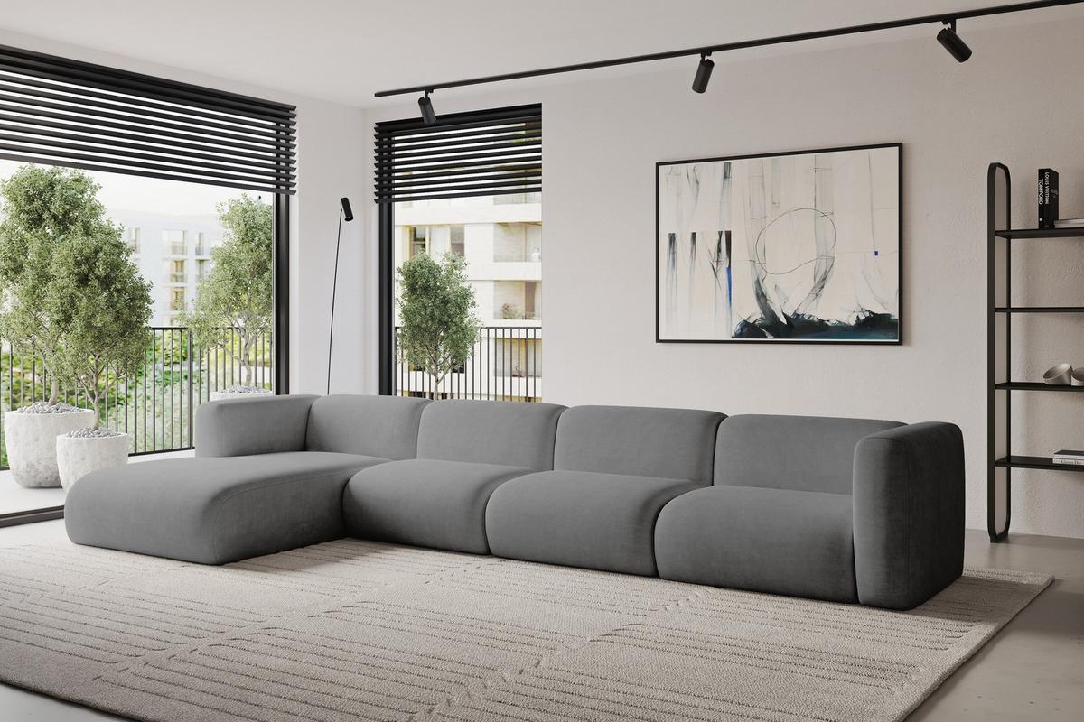 ECKSOFA Ottomane Links MIRA-L3 409x179x70 Grau Velours - Schieferfarben/Schwarz, Holzwerkstoff/Kunststoff (409/179cm) - ALTDECOR