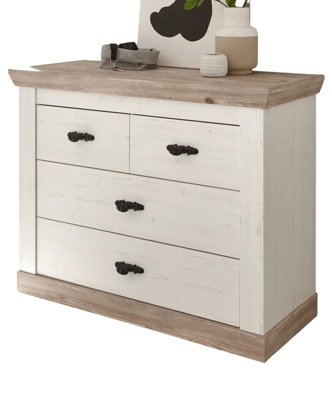 KOMMODE Pinie weiß, Oslo Pinie Landhaus, Schubladenkommode, 107 x 84 cm - Weiß/Pinienfarben, Holzwerkstoff/Metall (107/87/45cm) - Furn.Design