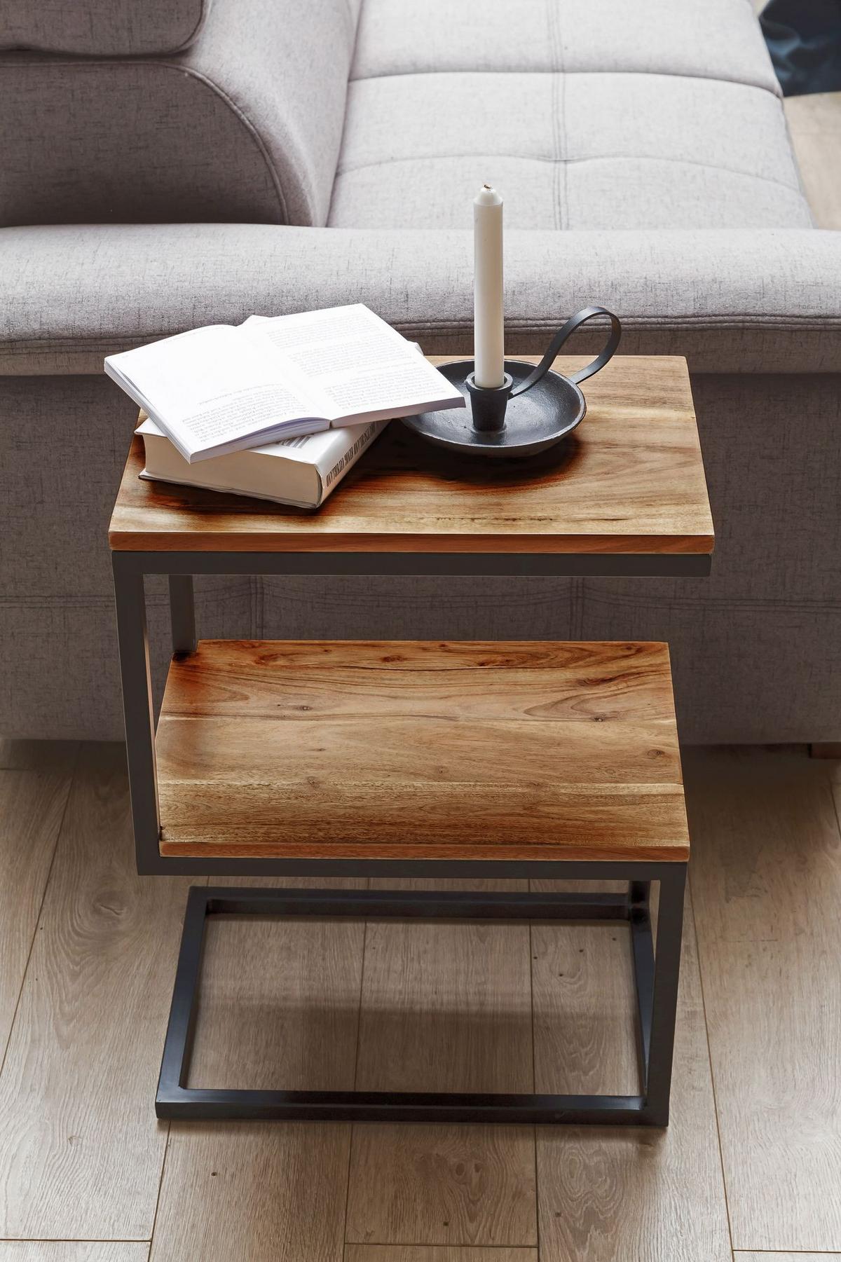 BEISTELLTISCH Massivholz Metall S-Form Landhausstil AKOLA, Dunkelbraun 30x45x60 cm - Schwarz/Braun, Holz/Metall (45/30/60cm) - KADIMA DESIGN