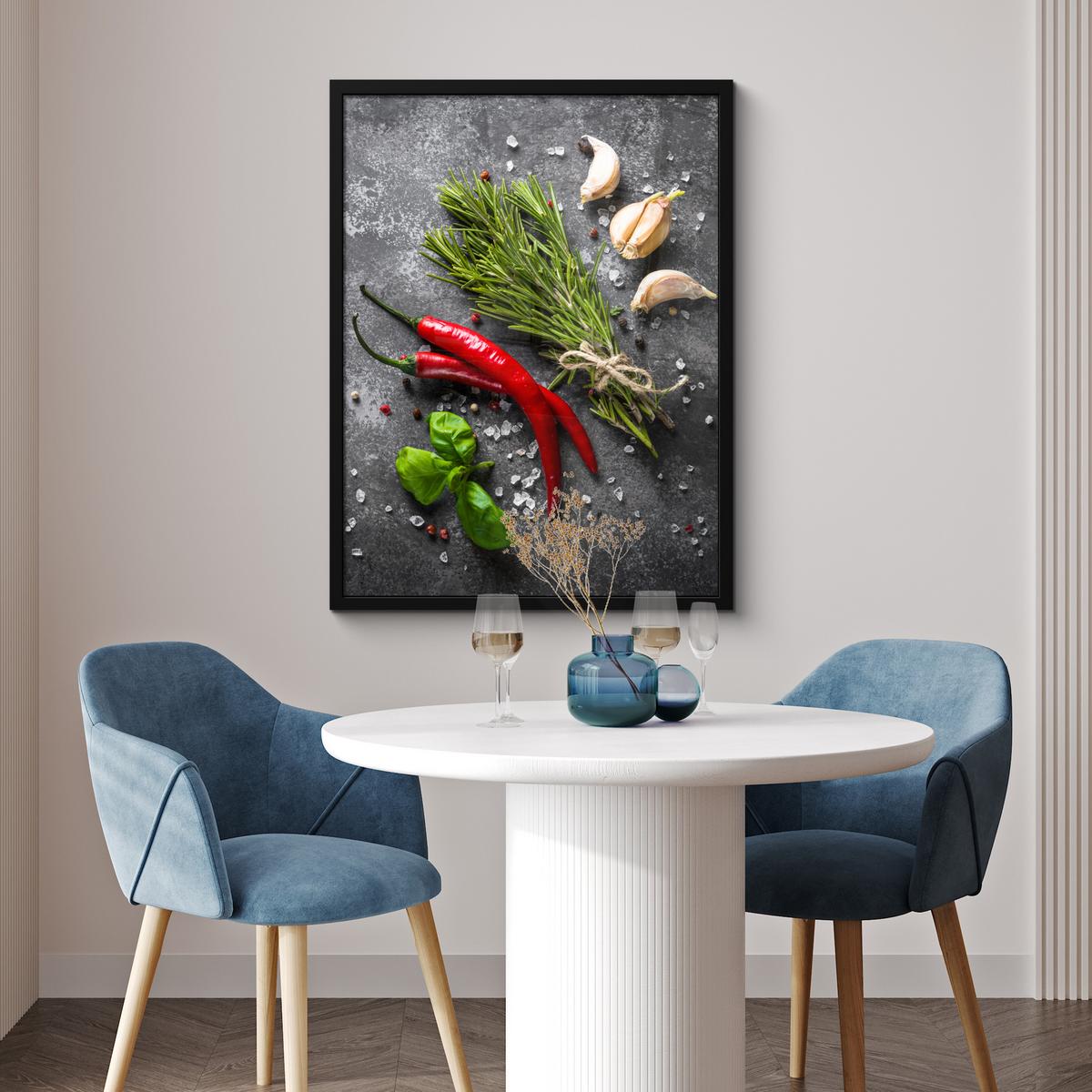 POSTER MIT RAHMEN Pfeffer - Kräuter - Gewürze - Beton Posterleiste 60x80 cm - Dunkelgrau, Papier (60/80cm) - MuchoWow