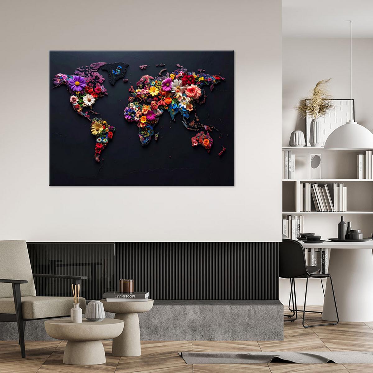 WANDBILD, Weltkarte bunte Blumen - Multicolor, Textil (100/70cm) - Feeby