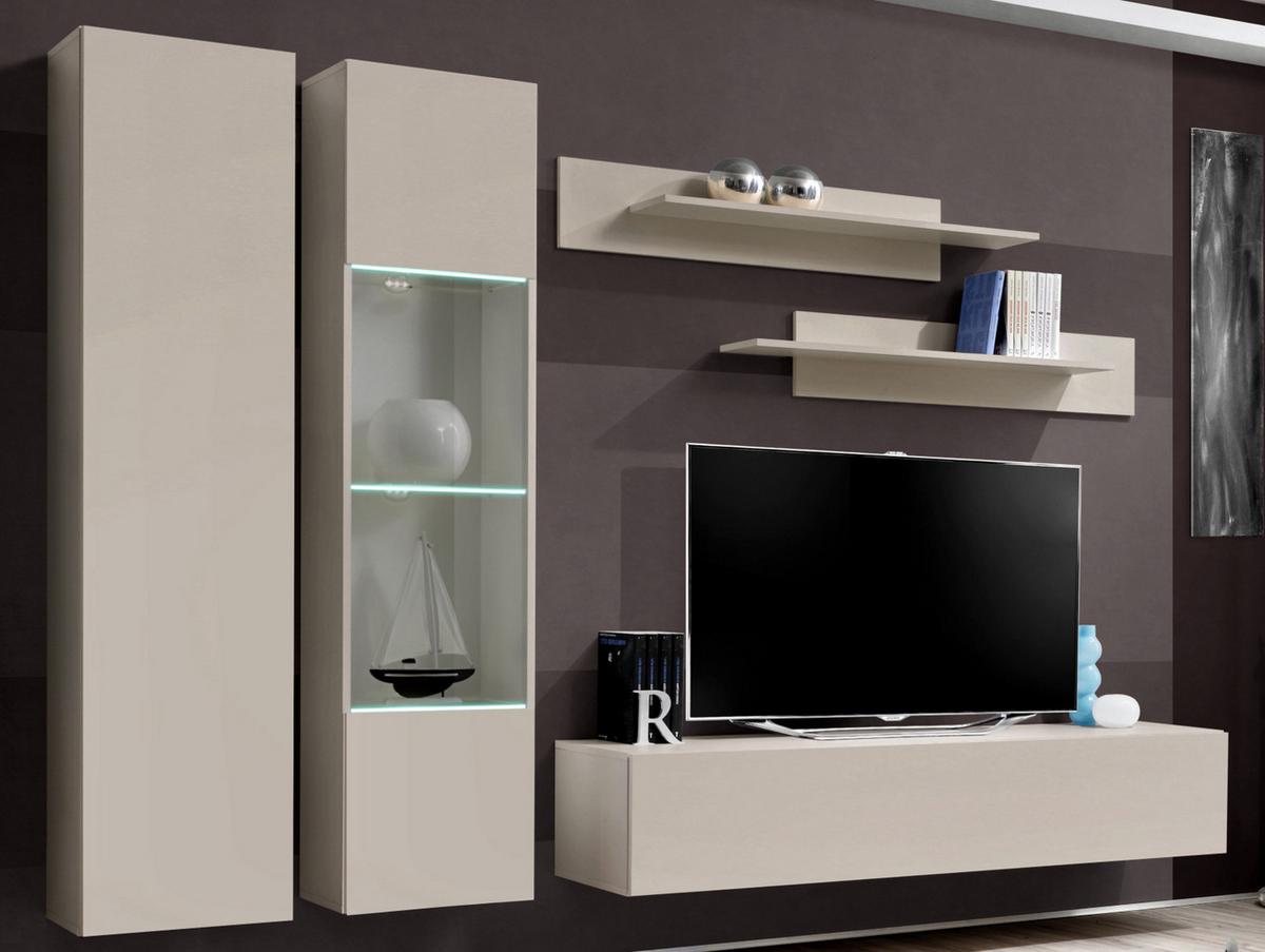 WOHNWAND Kaschmir 260 cm 5-teilig hängend, Anbauwand mit LED-Beleuchtung - Kaschmir, Glas/Holzwerkstoff (260/170/40cm) - Inn.Furn