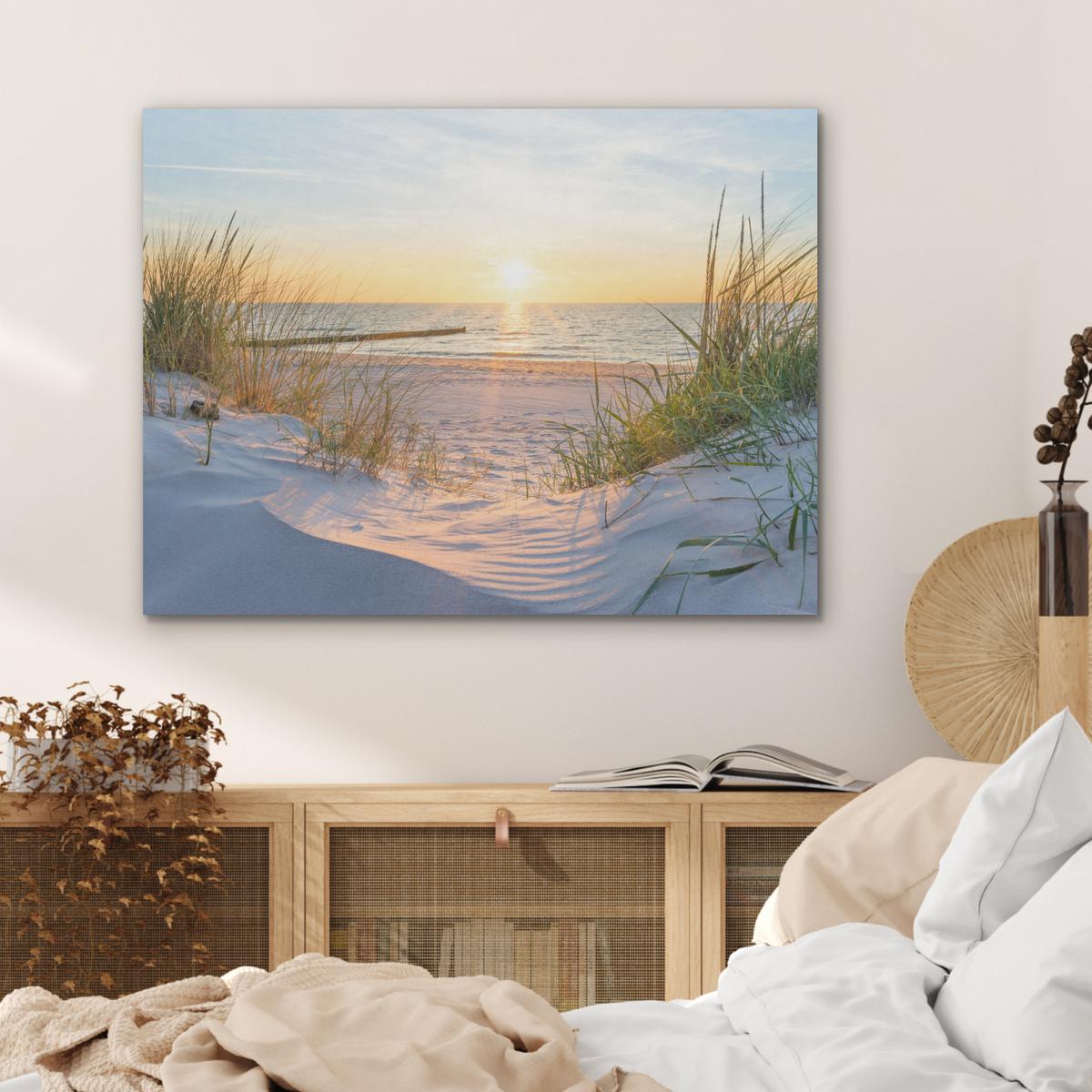 AKUSTIKBILD Strand - Sonne - Düne - Gras - Sand - Horizont Gemälde 80x60 cm - Hellblau, Kunststoff (80/60/0.9cm) - MuchoWow