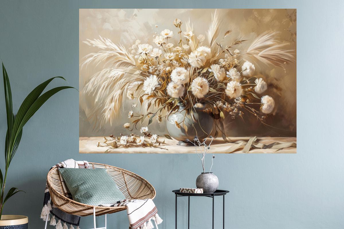 WANDTATTOO Blumen - Vase - Stilleben - Beige Wandsticker 120x80 cm - Creme, Kunststoff (120/80/0.1cm) - MuchoWow