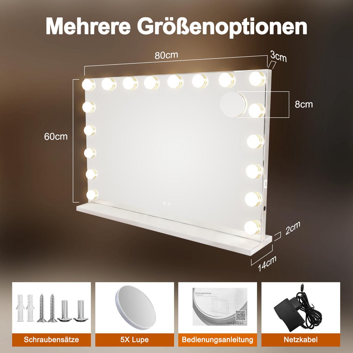 SCHMINKSPIEGEL Yveth 80/14/60 cm - Weiß, Glas/Metall (14/60/80cm) - ZMH