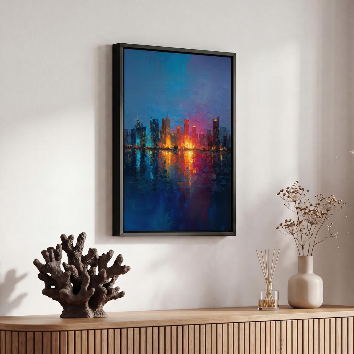 LEINWAND Bilder mit Rahmen - Skyline - Pinselstriche - Dunkelblau - Leuchtend - 20x30 - Blau, Textil (20/30cm) - MuchoWow