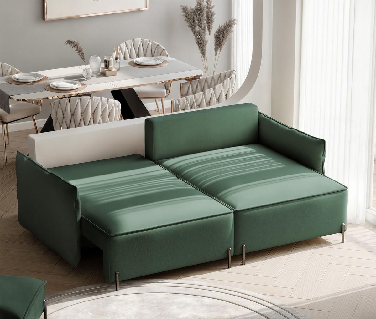 ECKSOFA MARCO Rechts, mit Schlaffunktion und Bettkasten, Grün - Grün, Textil/Metall (221/148cm) - Idohome