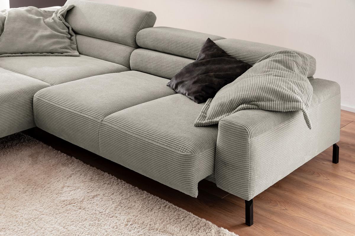 ECKSOFA MIT MOTORISCHEM SITZVORZUG DELIA Steingrau Cord Relaxfunktion - Greige/Schwarz, Textil/Metall (312/219cm) - KAWOLA