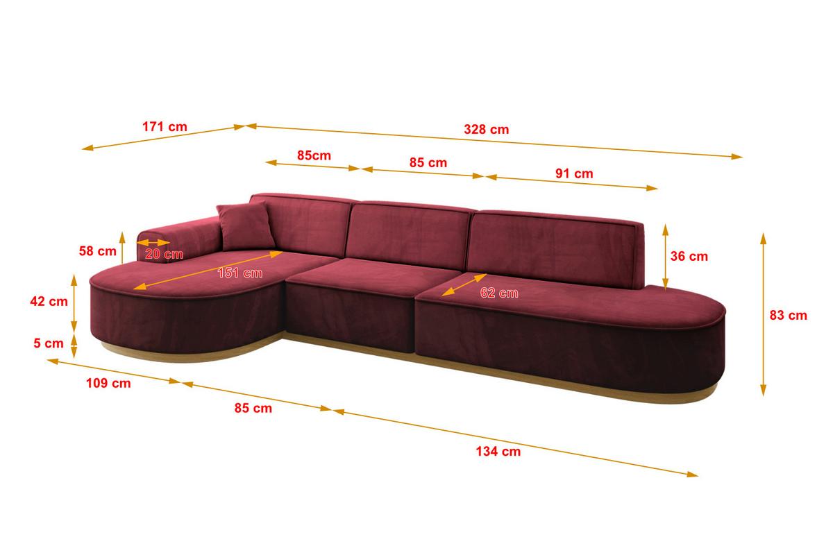 ECKSOFA Ottomane Links MARI-L2-v2 - 328x171x83 cm Bordeaux Velours - Bordeaux, Holzwerkstoff/Textil (328/171cm) - ALTDECOR