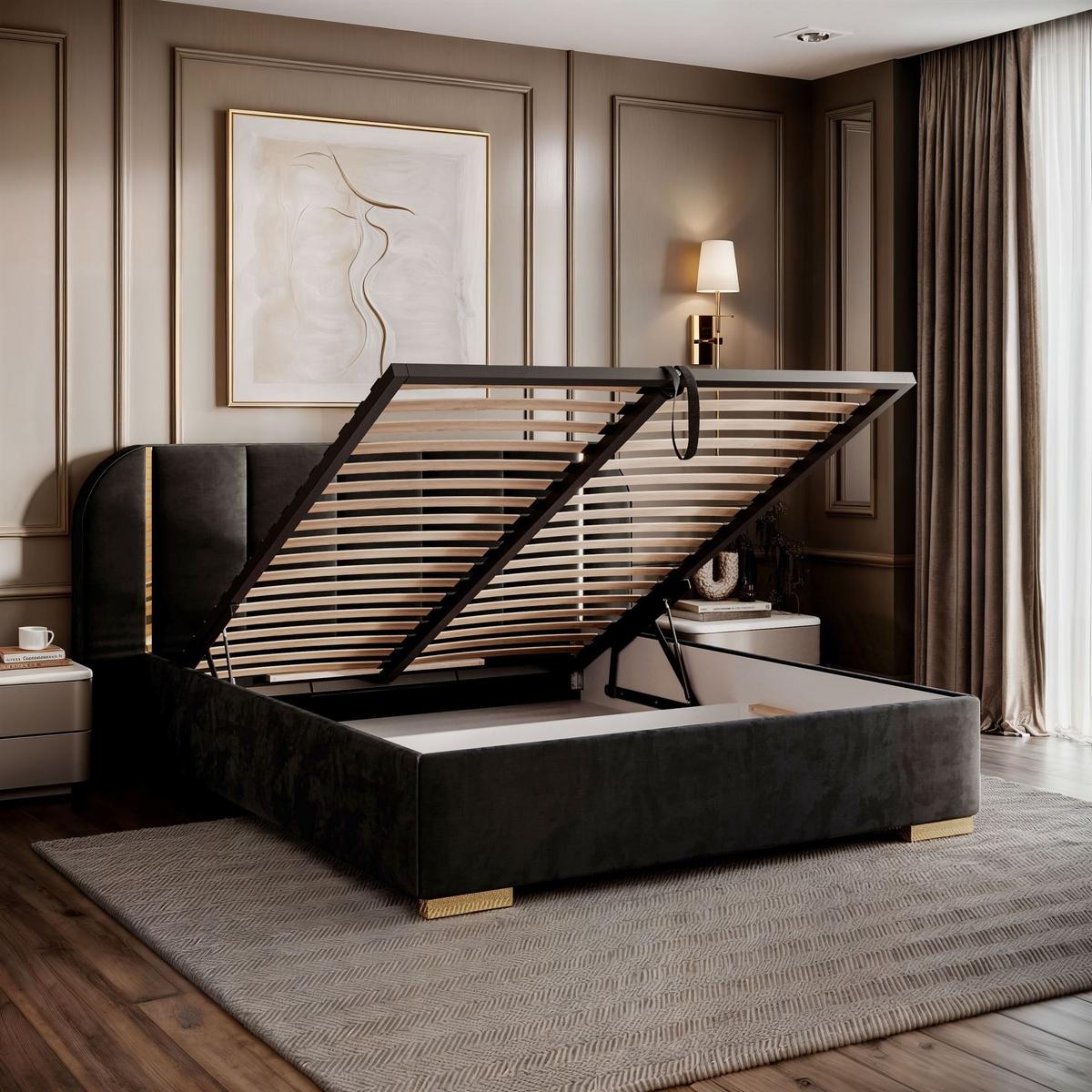 BETT AMARA GOLD 140x200 gepolstert mit Stauraum und Lattenrost, Royal Velvet 254 - Schwarz, Textil (140/200cm) - Lookway