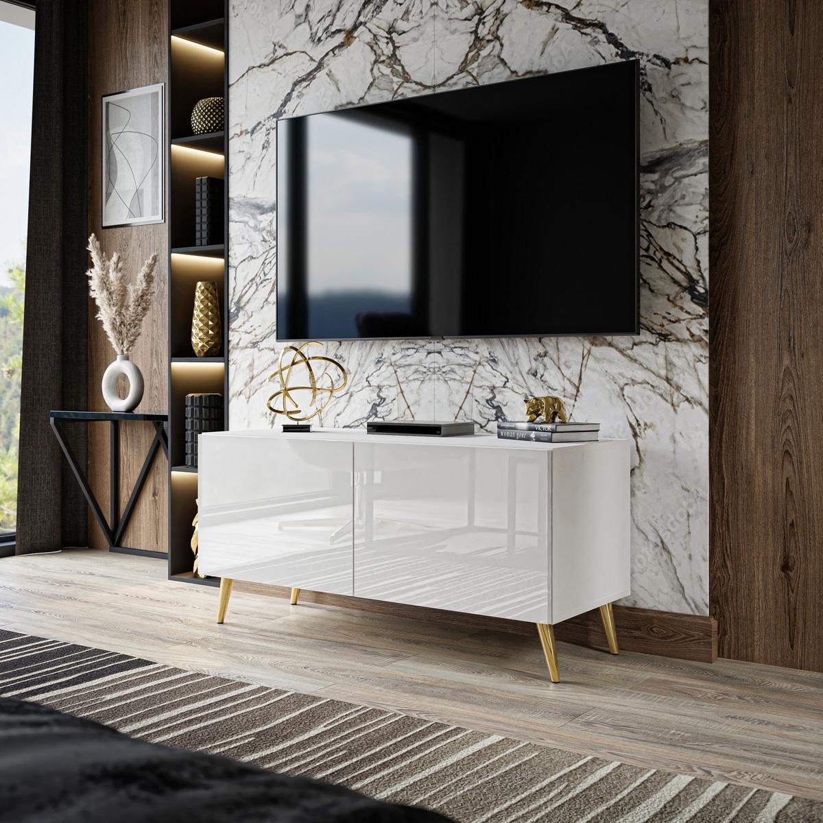TV-ELEMENT AURA 100 Weiß Hochglanz mit LED-Beleuchtung – Beinfarbe: Gold - Weiß, Holzwerkstoff (100/49/40cm) - Lookway