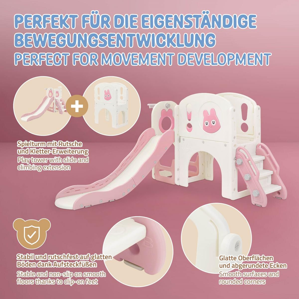 KINDERRUTSCHE mit Spielturm und Basketballkorb Rosa aus Kunststoff - Pink, Kunststoff (134.5/94.5/162cm) - Joyz