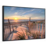 LEINWAND Bilder mit Rahmen - Strand - Meer - Düne - Sonnenuntergang - Landschaft - 140x90 - Beige, Textil (140/90cm) - MuchoWow