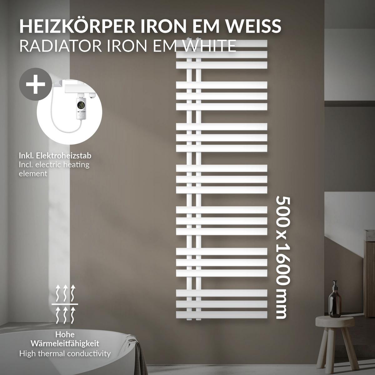BADHEIZKÖRPER elektrisch IRON EM 500x1600 mm Weiß mit Heizstab 1200W Digital - Weiß, Metall (50/160/3cm) - LuxeBath