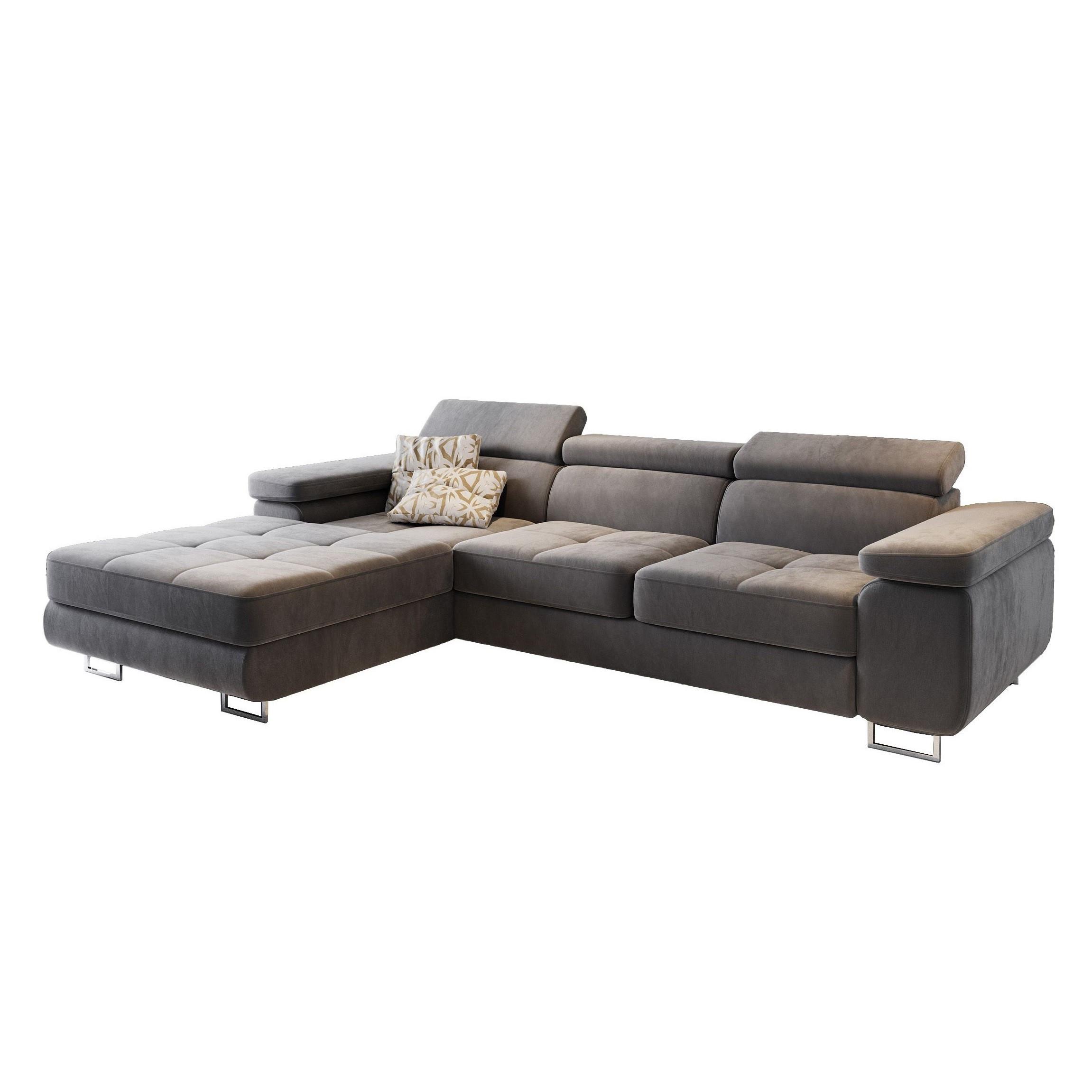 ECKSOFA ELMA L-S Grau Velours-Stoff mit Schlaffunktion - Silberfarben/Grau, Holz/Textil (280/205cm) - MASSENO