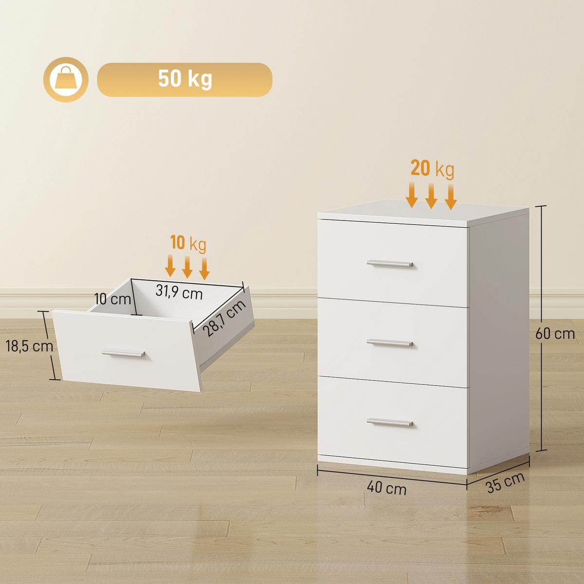 NACHTTISCH MDF Weiß - Silberfarben/Weiß, Holzwerkstoff/Metall (35/60/40cm) - HOMCOM