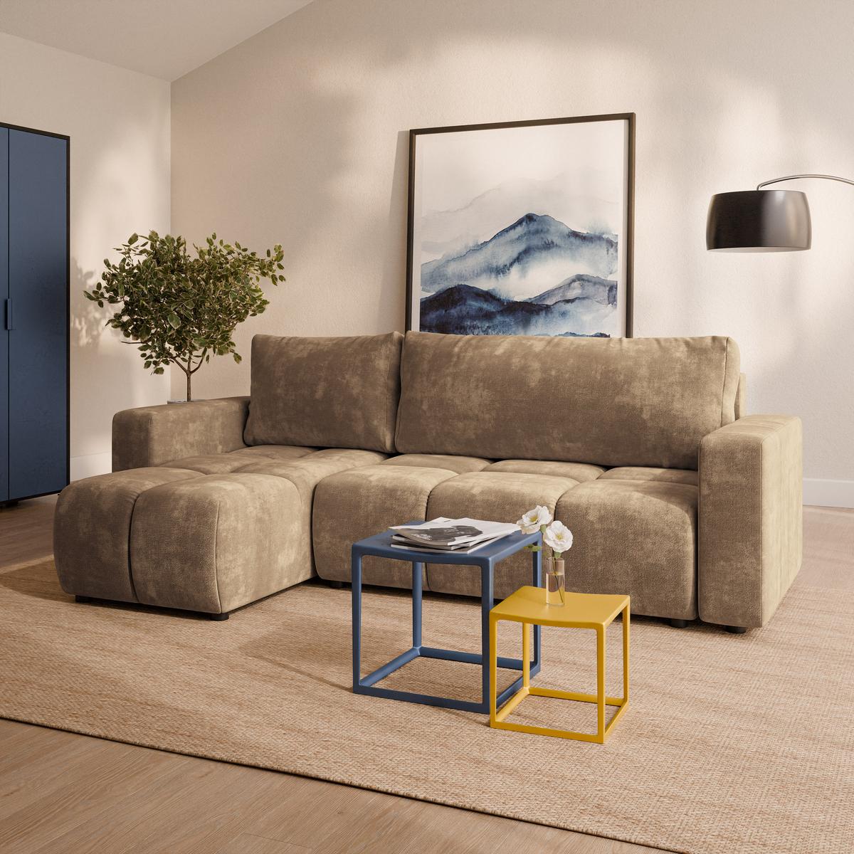 ECKSOFA RAMIL Beige Chenille mit Schlaffunktion - Beige, Holz (240/149cm) - MASSENO