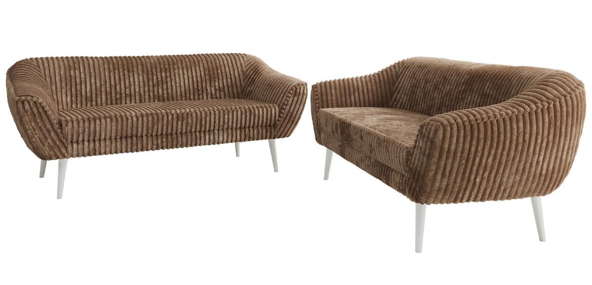 SITZGARNITUR PIRS 3+3 - Braun Cord - Weiße Beine - Braun/Weiß, Holzwerkstoff/Textil (180/75/74cm) - MKS