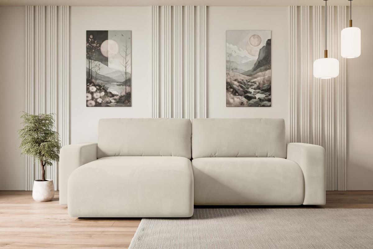 ECKSOFA mit Schlaffunktion und Bettkasten KLEEA-L - 247x143x83 cm Beige Velours - Beige/Schwarz, Holzwerkstoff/Kunststoff (247/143cm) - ALTDECOR