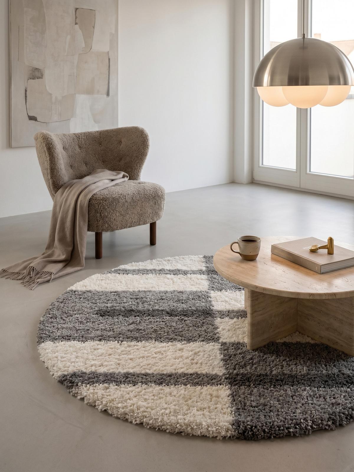 HOCHFLORTEPPICH WERFEN, kariert, Hellgrau, Ø 120 cm - Grau, Textil (120/120cm) - KADIMA DESIGN