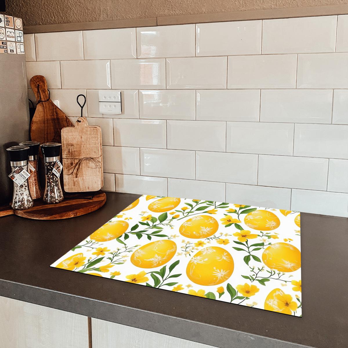 HERDABDECKPLATTE Blumen - Ostereier - Gelb Abdeckung Ceranfeld 58.3x51.3 cm - Gelb, Kunststoff (58.3/51.3/0.2cm) - MuchoWow