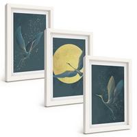 BILDER SET 3er Set - 20x30 cm Weißer Rahmen - Kraniche im Flug bei Nacht - Weiß, Kunststoff (20/30cm) - TULUP