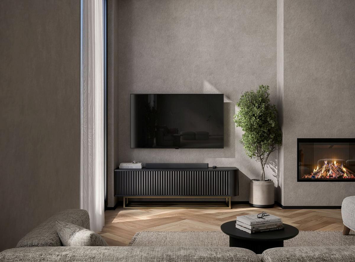 TV-LOWBOARD Aurora 140 cm in Schwarz matt mit goldfarbenem Metallrahmen - Schwarz, Holzwerkstoff/Metall (140/44/35cm) - Meble Lindner