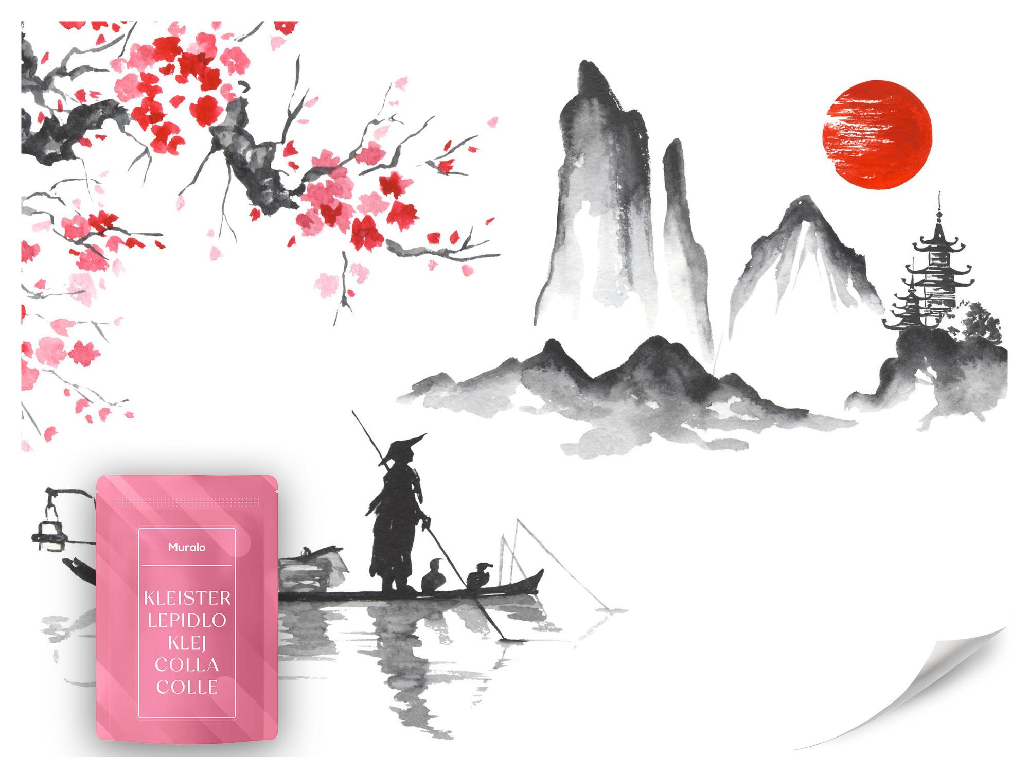 FOTOTAPETE Japanische Landschaft Aquarell 200x140 - Rot/Schwarz, Papier (200/140cm) - Muralo