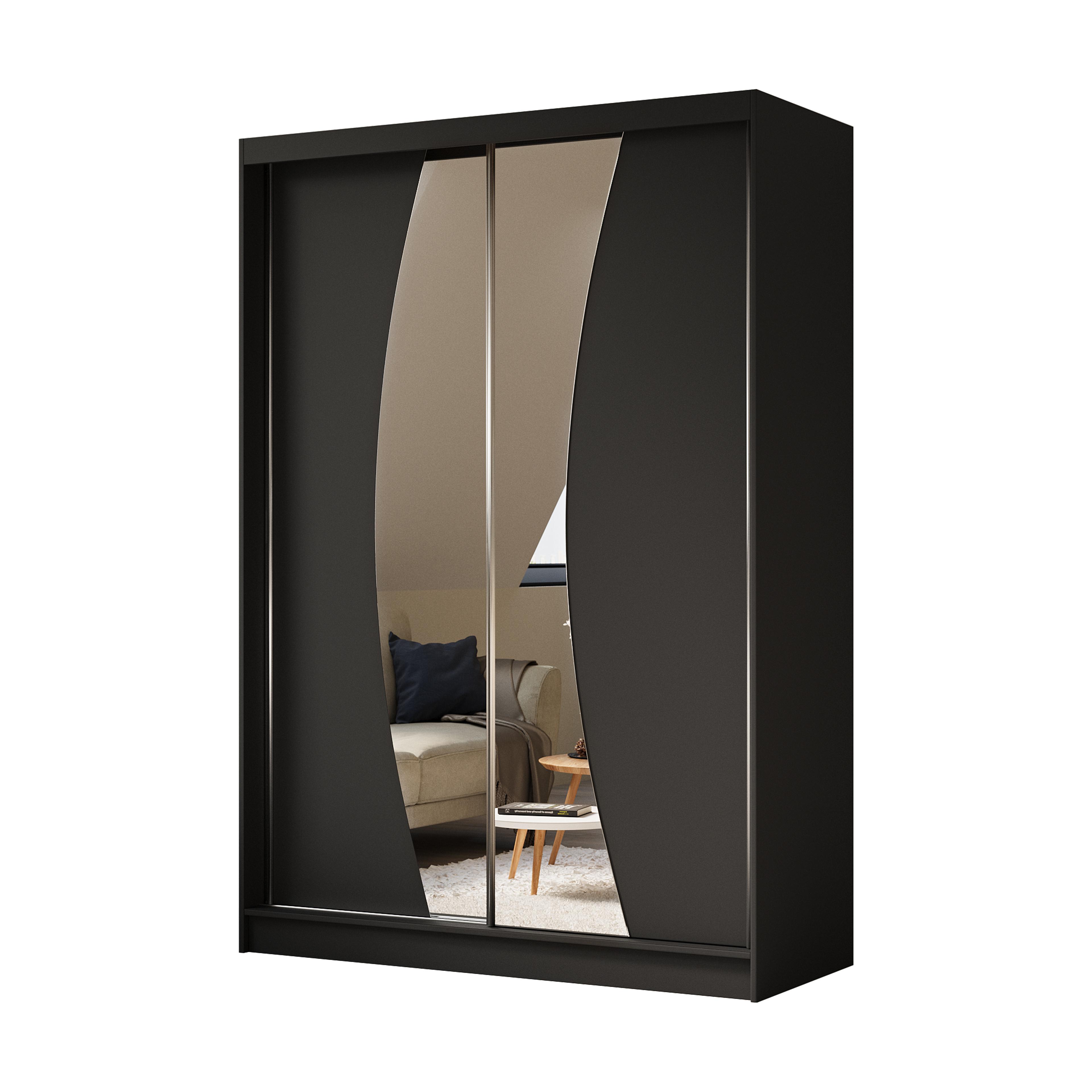 KLEIDERSCHRANK mit Spiegel-Schiebetüren und Aluminium-Leisten - VOXI - 150 cm Schwarz - Schwarz, Holzwerkstoff (150/216/61cm) - ALTDECOR