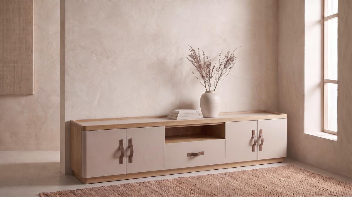 LOWBOARD FLORIANA Weiß Eiche - Creme, Textil (140/200cm) - KAWOLA