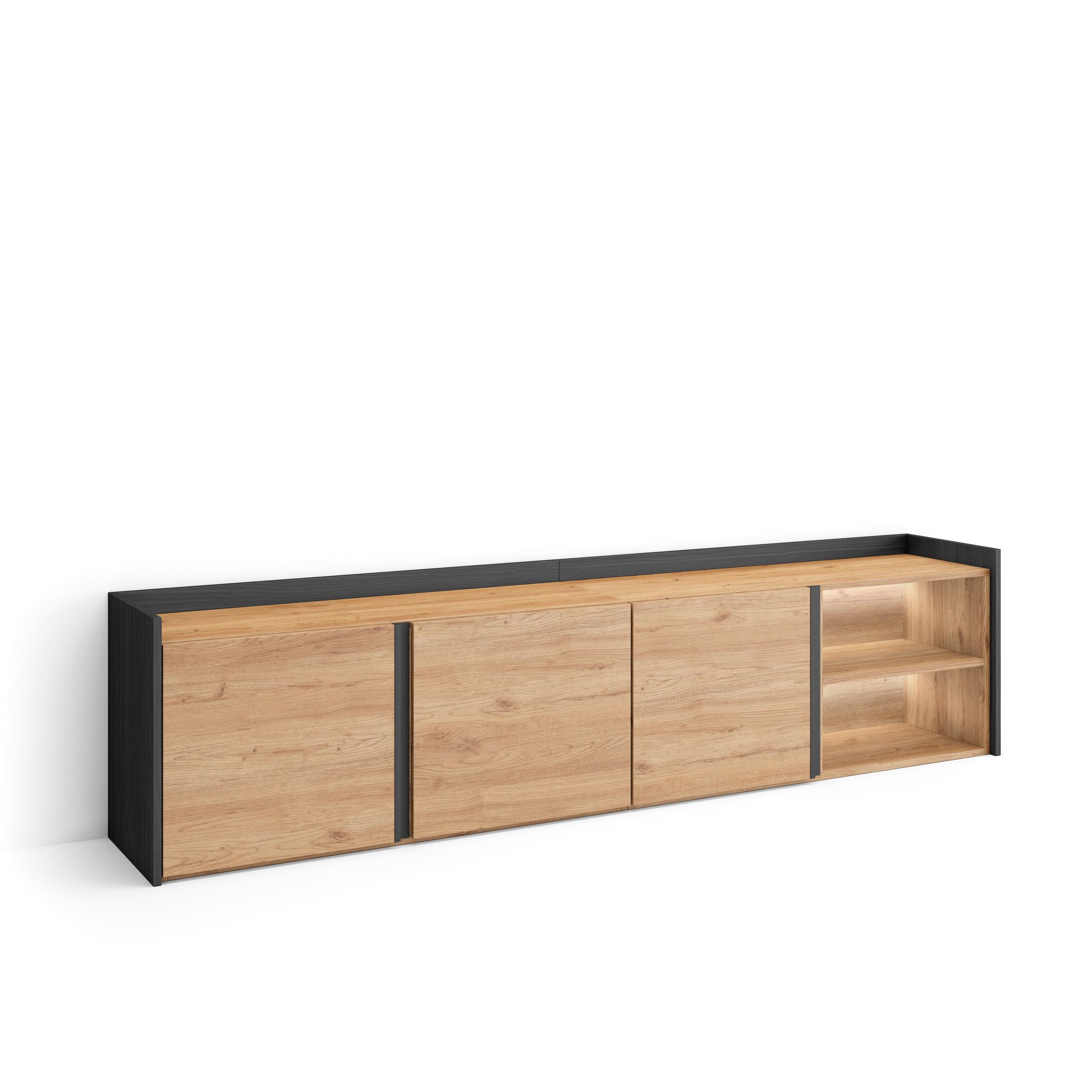 LOWBOARD, Eiche und Schwarz, 207/35/50cm, mit Led - Eichefarben, Holzwerkstoff (207/50/35cm) - Skraut Home