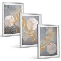 BILDER SET 3er Set - 40x60 cm Silberner Rahmen - Abstrakte Muster Wellen Kreise - Silberfarben, Kunststoff (40/60cm) - TULUP