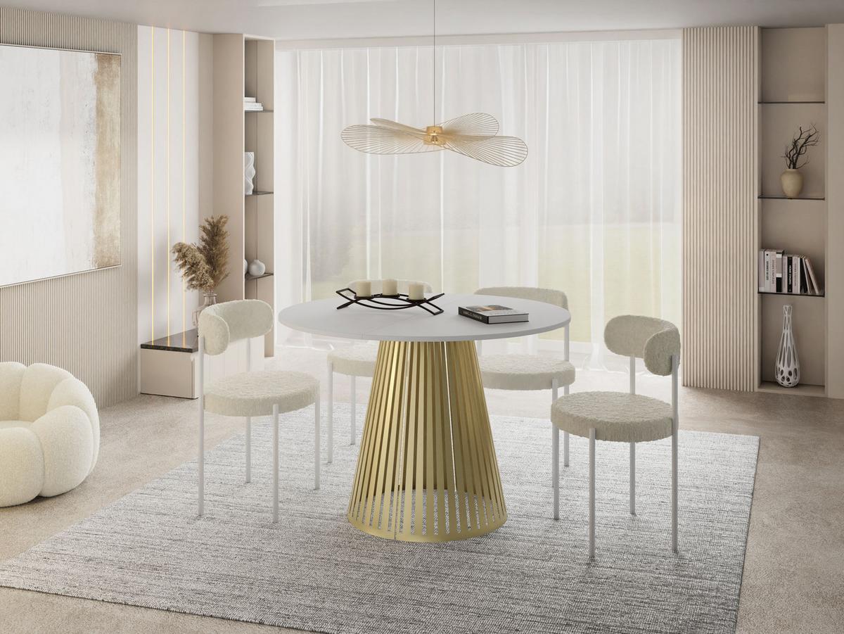 ESSTISCH Naro rund ausziehbar mit Goldenem Lamellen-Metallgestell, Weiß 100-180/100/76 cm - Goldfarben/Weiß, Holzwerkstoff/Metall (100/176/76cm) - WFL GROUP