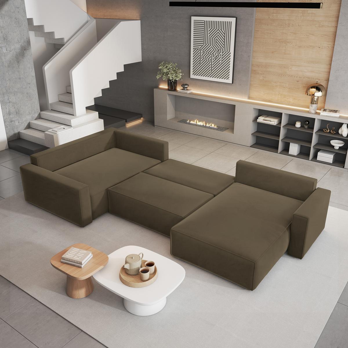 WOHNLANDSCHAFT VELAMI L-S Beige Velours-Stoff mit Schlaffunktion - Beige, Holz (365/83/194cm) - MASSENO