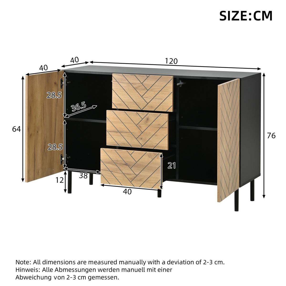 SIDEBOARD 120cm Holzoptik & Schwarz mit 3 Schubladen und 2 Türen - Naturfarben, Holzwerkstoff (120/76/40cm) - Urban Meuble