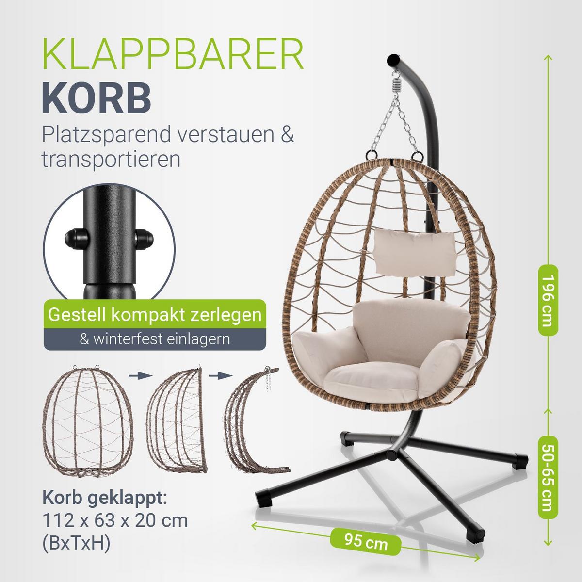 KORBHÄNGESESSEL Aria beige inkl. waschbare Bezüge - Beige, Kunststoff/Metall (95/196/95cm) - Juskys