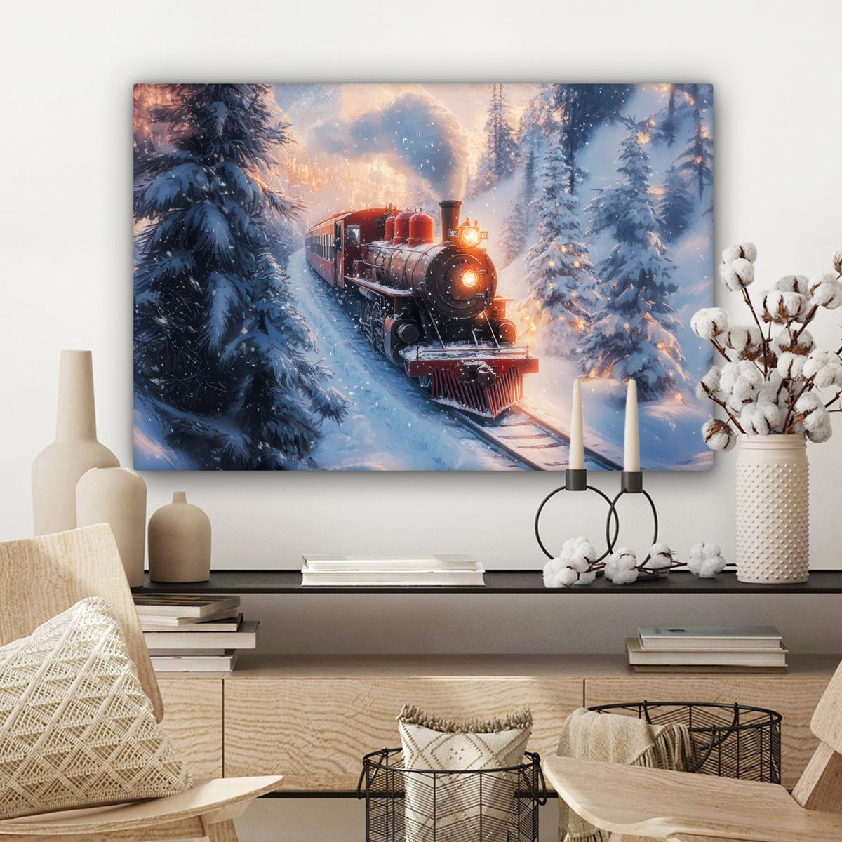 LEINWANDBILD Weihnachtszug - Schnee - Winter - Weihnachten Gemälde 60x40 cm - Dunkelrot, Textil (60/40cm) - MuchoWow