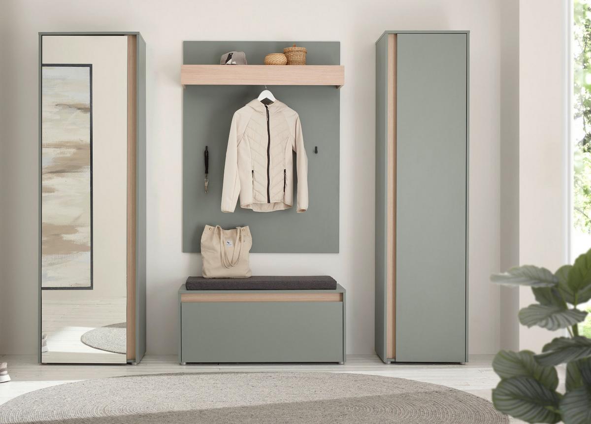 GARDEROBE Komplett-Set 5-teilig in Salbei Grün mit Eiche, Flurgarderobe 230 x 200 cm, inkl. Sitzkissen - Salbeigrün/Eichefarben, Glas/Holz (230/200/40cm) - Furn.Design