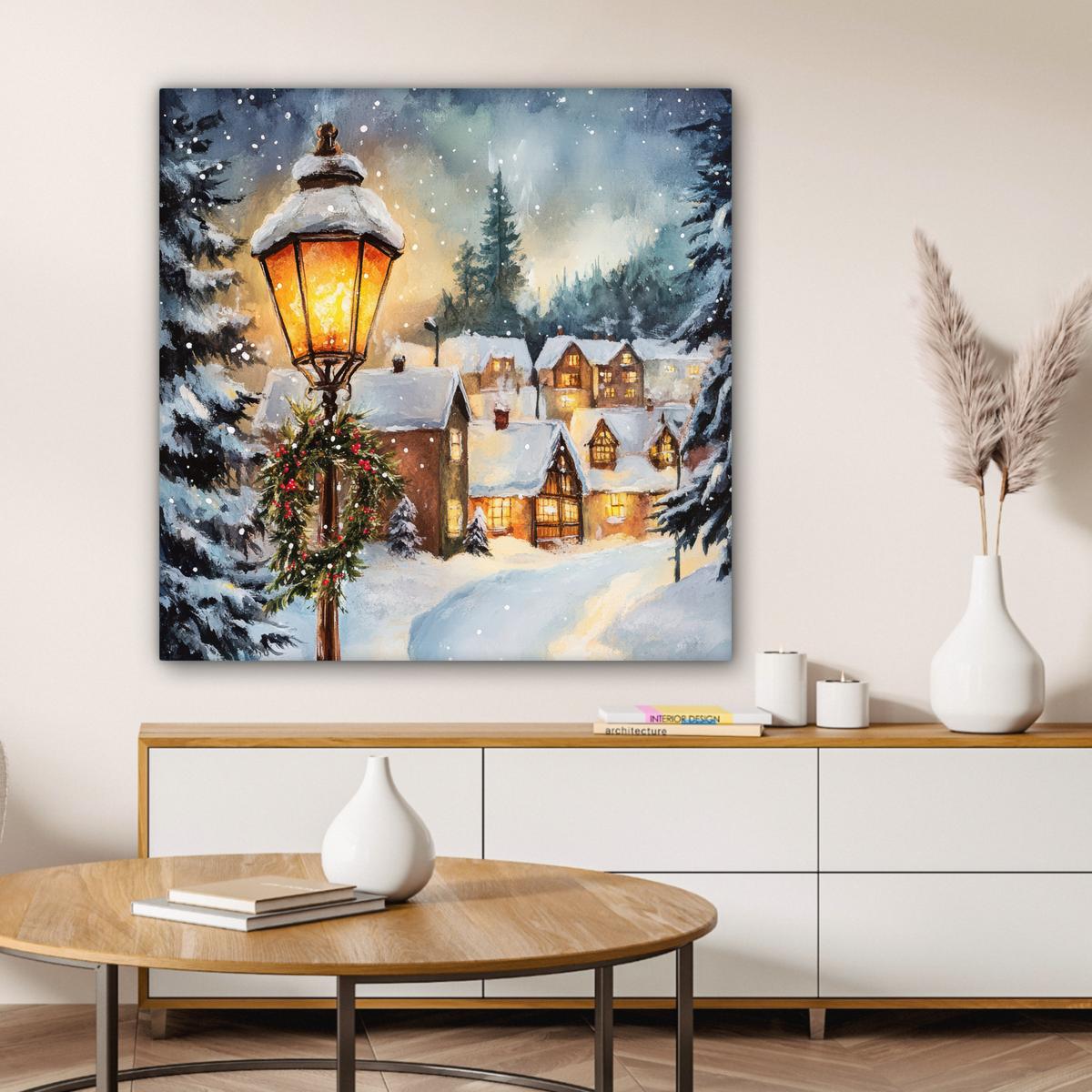LEINWANDBILD Weihnachtsdorf - Häuser - Schnee - Weihnachten Deko Groß 90x90 cm - Sandfarben, Textil (90/90cm) - MuchoWow