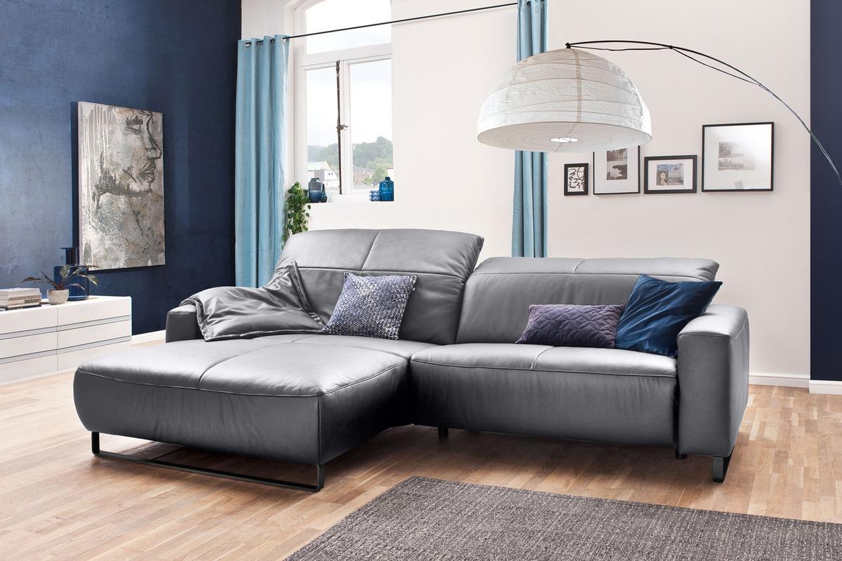 ECKSOFA YORK Hellgrau Leder - Hellgrau/Schwarz, Leder (284/180cm) - KAWOLA