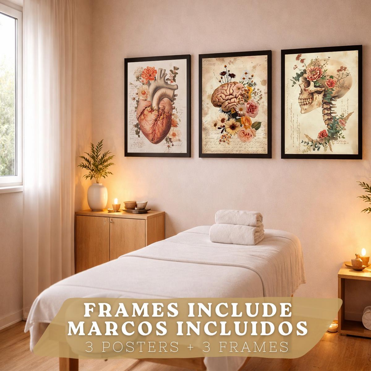 POSTER Set aus 3 Anatomie Mensch Drucke und Wandbilder mit Herz Gehirn und Schädel Vintage Floraler Stil Wanddekoration Größe Schwarzer Rahmen A4 - Schwarz, Papier (21/29.7/3cm) - Nacnic