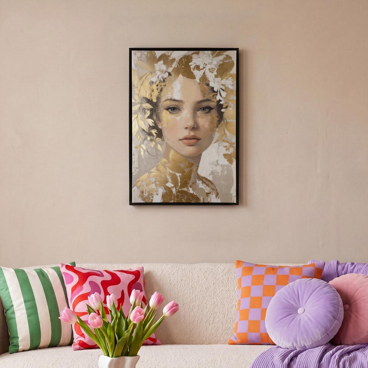 LEINWAND Bilder mit Rahmen - Gesicht - Frau - Blätter - Gold - 40x60 - Beige, Textil (40/60cm) - MuchoWow
