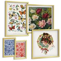 BILDER SET 5er Set - 50x50 cm & 20x30 cm & 40x60 cm Goldrahmen - Vintage-Blumen-Schmetterlings-Ornamente - Goldfarben, Kunststoff (40/60cm) - TULUP