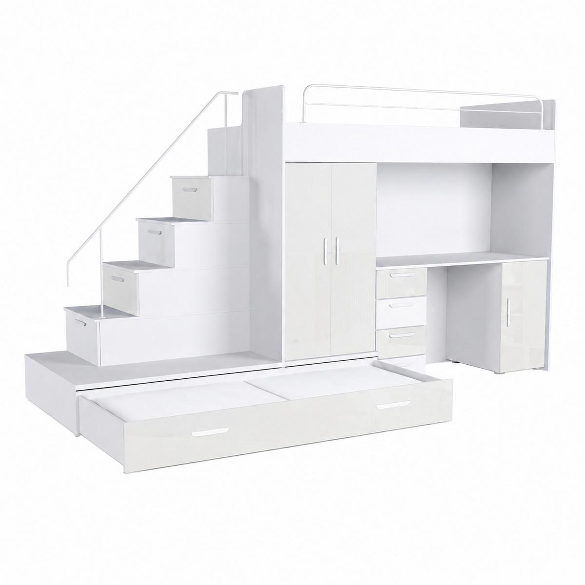 KINDERZIMMER Set RAJ 5, Matt mit Hochbett, Schrank und Schreibtisch - Weiß Hochglanz, Holzwerkstoff (320/180/86cm) - Lookway